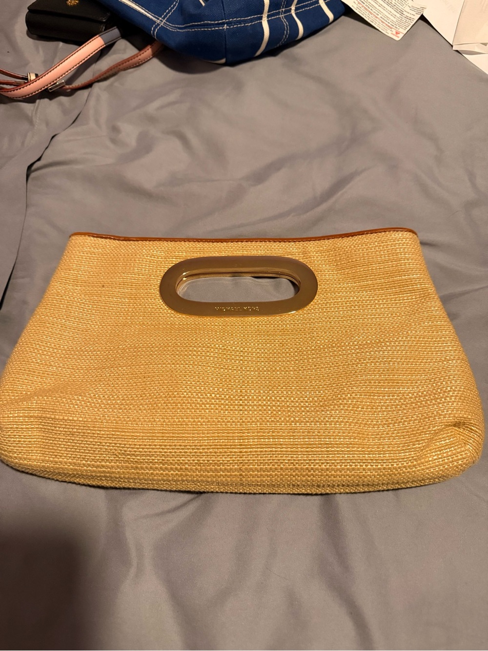 Michael Kors Yellow Straw Clutch with Gold-Tone Cutout Handle